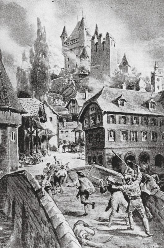 O incêndio do castelo de Wadenschwyl em 1804 (litografia) de Margaret (after) Dovaston