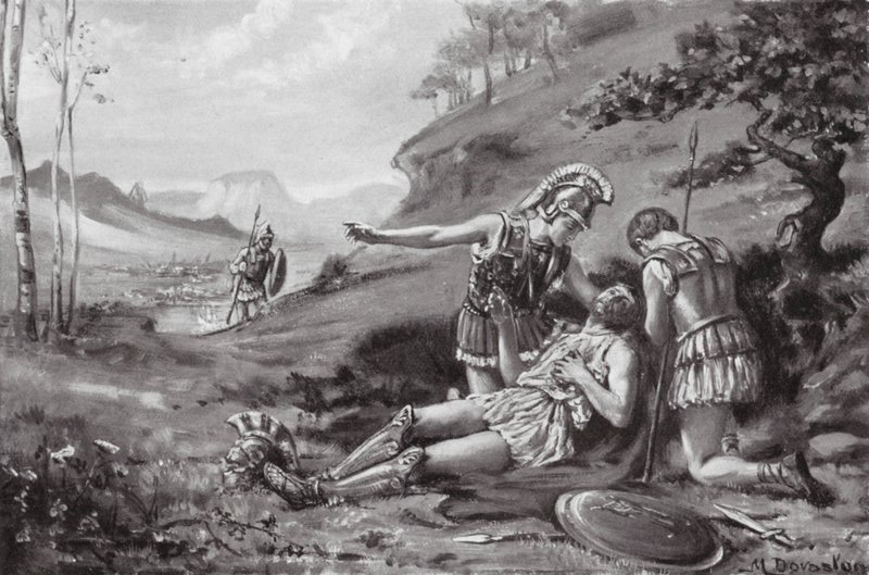 A morte de Epameinondas, 362 a.C. (litografia) de Margaret (after) Dovaston