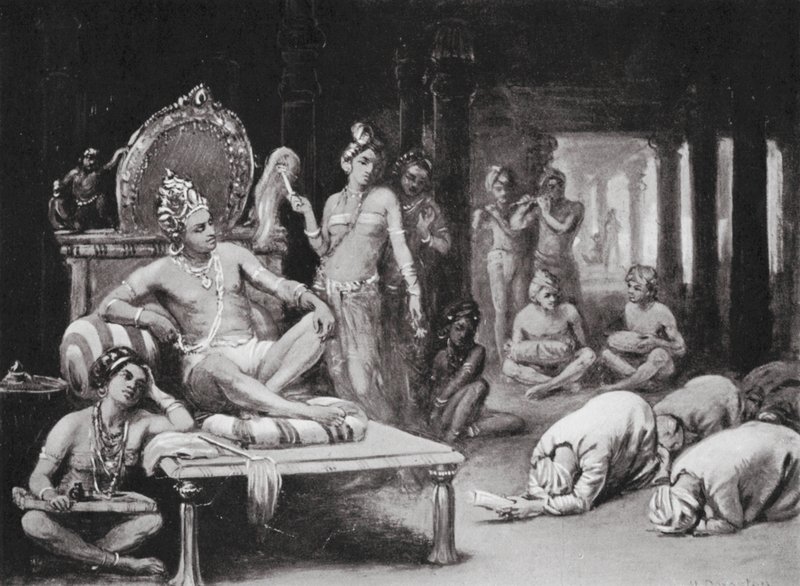 Vikramanka Chalukhya envia uma carta de amizade a Kulottunga Chola (litografia) de Margaret (after) Dovaston