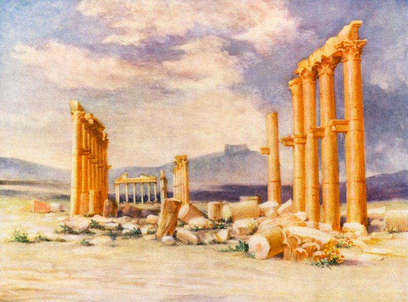 Colunata, Palmira, com o castelo druso à distância (litografia a cores) de Margaret Thomas