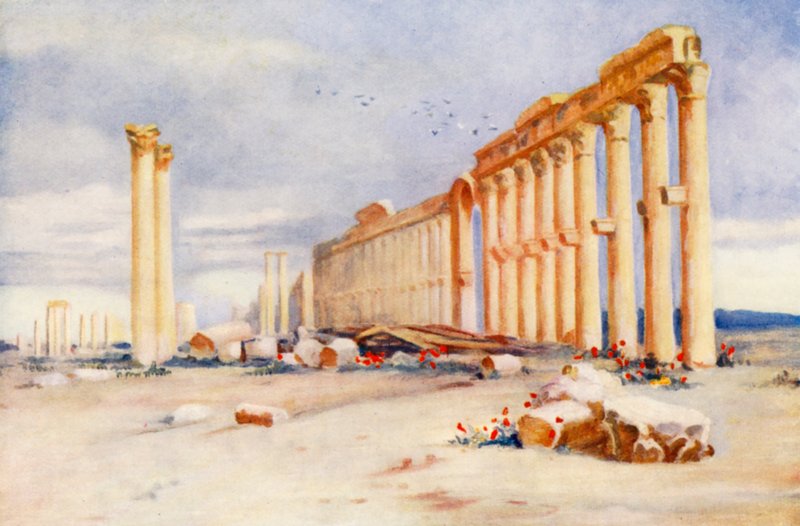 Colunata, Palmira, com o castelo turco à distância (litografia a cores) de Margaret Thomas