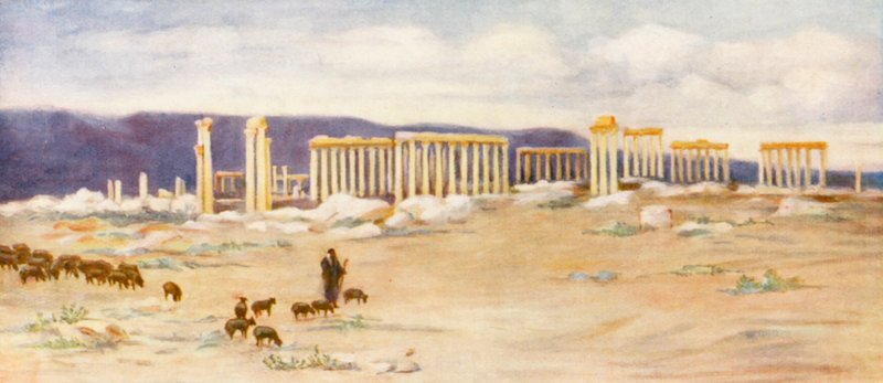 Vista geral da Colunata, Palmira (litografia a cores) de Margaret Thomas