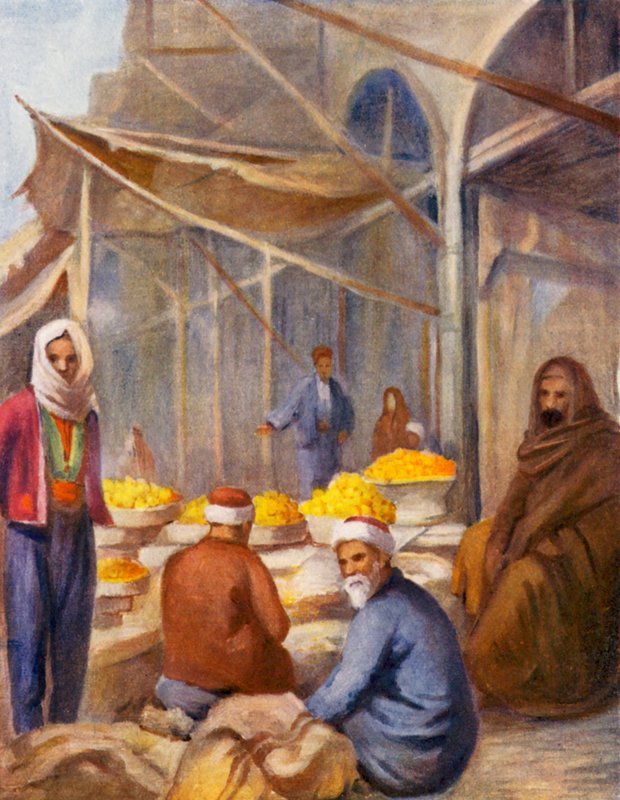 No Bazar da Fruta, Damasco (litografia a cores) de Margaret Thomas