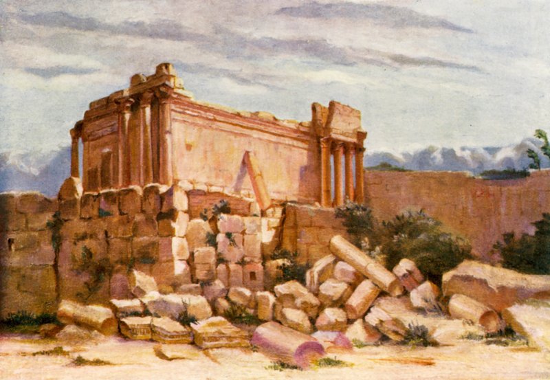 O Pequeno Templo, Baalbek, Exterior (litografia a cores) de Margaret Thomas