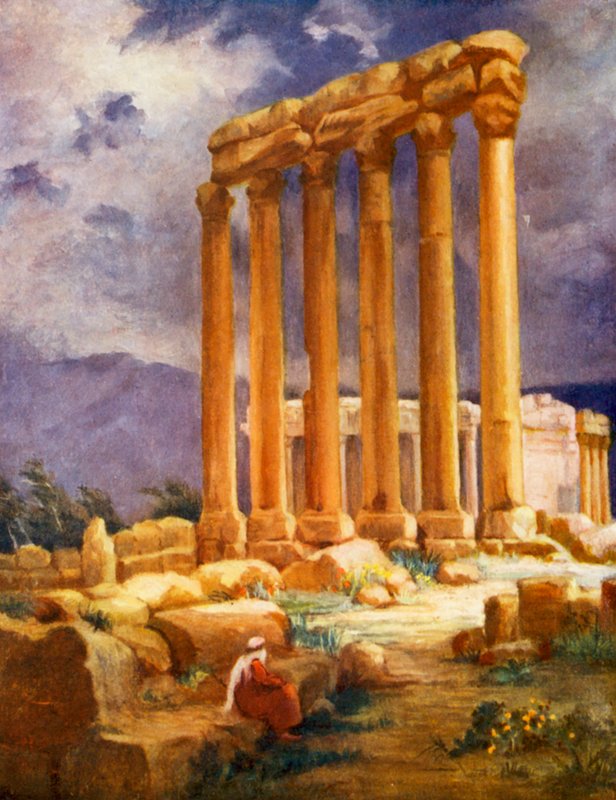 O Templo de Júpiter, Baalbek, outra vista (litografia a cores) de Margaret Thomas
