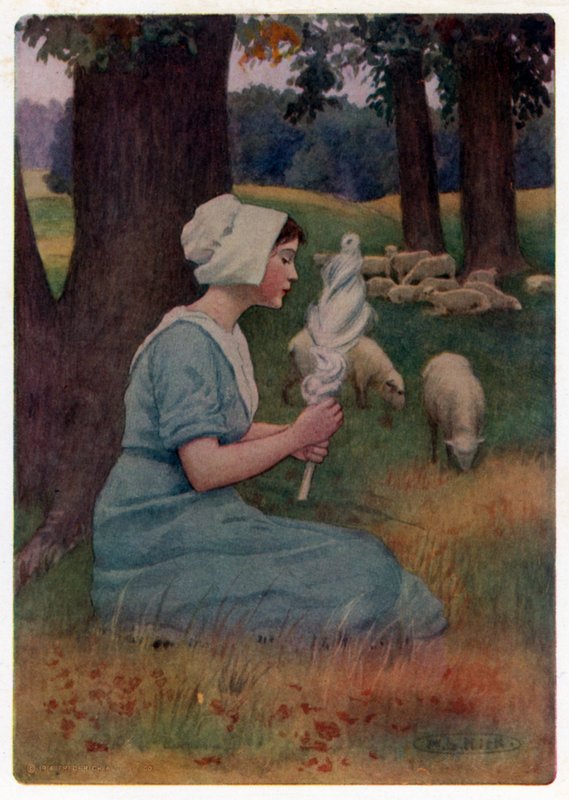 Os Contos de Canterbury de Chaucer: "Cuidando dos seus rebanhos e girando ocupados ao mesmo tempo" (cor litho) de Maria Louise Kirk