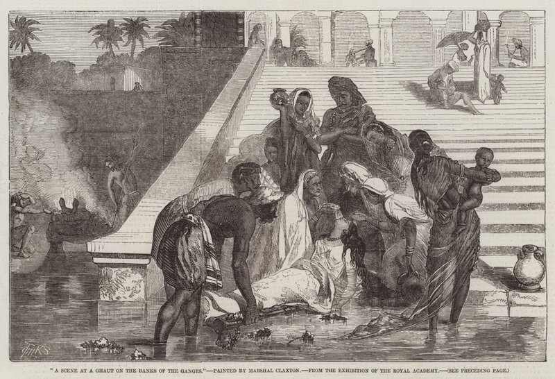 Uma cena em um Ghaut nas margens do Ganges, da exposição da Royal Academy de Marshall Claxton