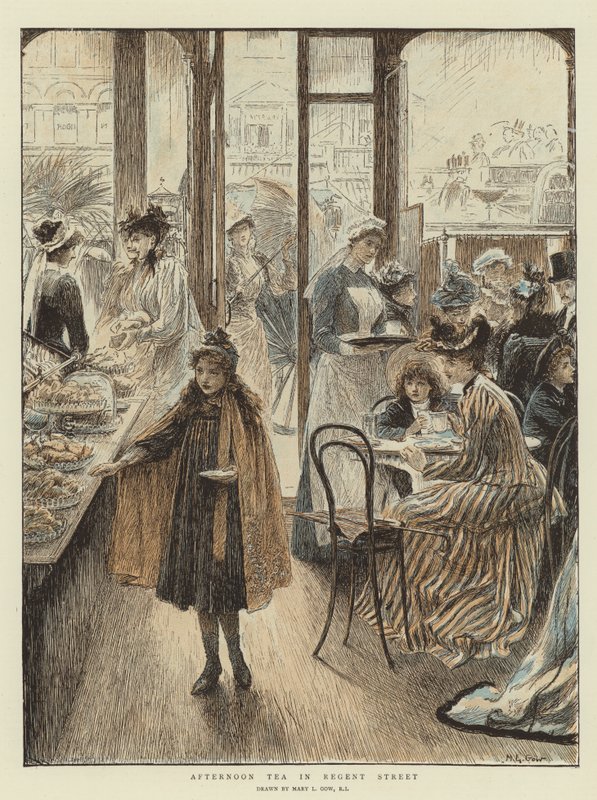 Chá da tarde em Regent Street (chromolitho) de Mary L. Gow