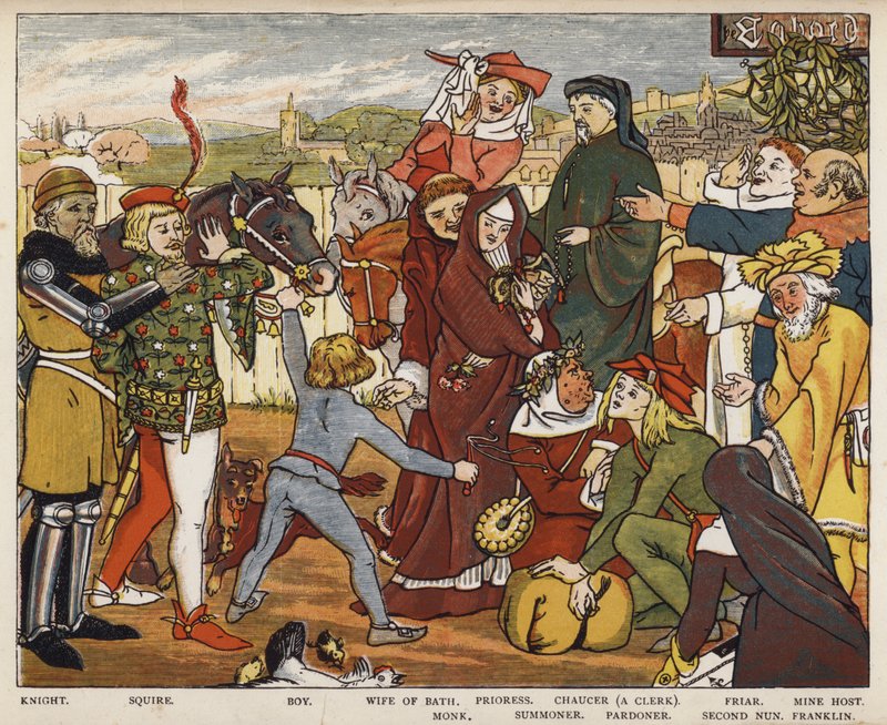 Geoffrey Chaucer, The Canterbury Tales, The Pilgrims leaving The Tabard Inn (cor litho) de Mary Eliza Haweis