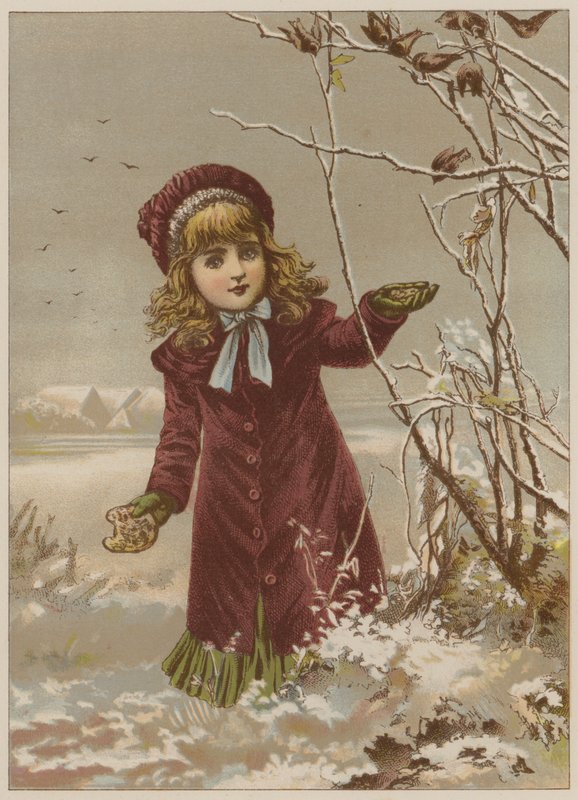 Menina tomando pão para alimentar as aves na neve (chromolitho) de Mary Ellen Edwards