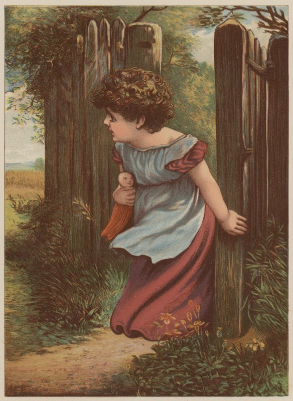 Menina, esperando, carteiro, (chromolitho) de Mary Ellen Edwards
