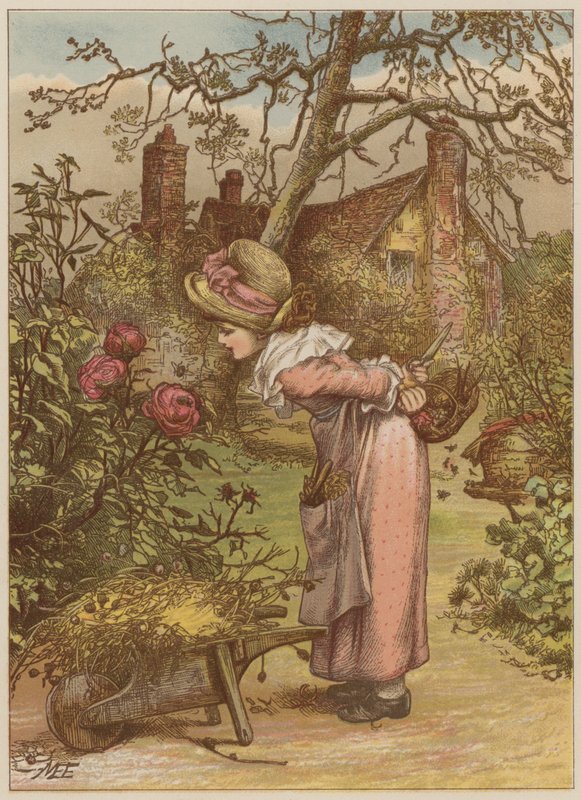 Menina, observar, abelha, jardim, (chromolitho) de Mary Ellen Edwards