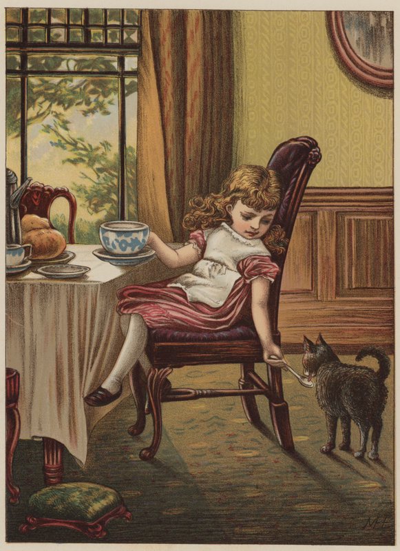 Menina, com, gato preto, (chromolitho) de Mary Ellen Edwards