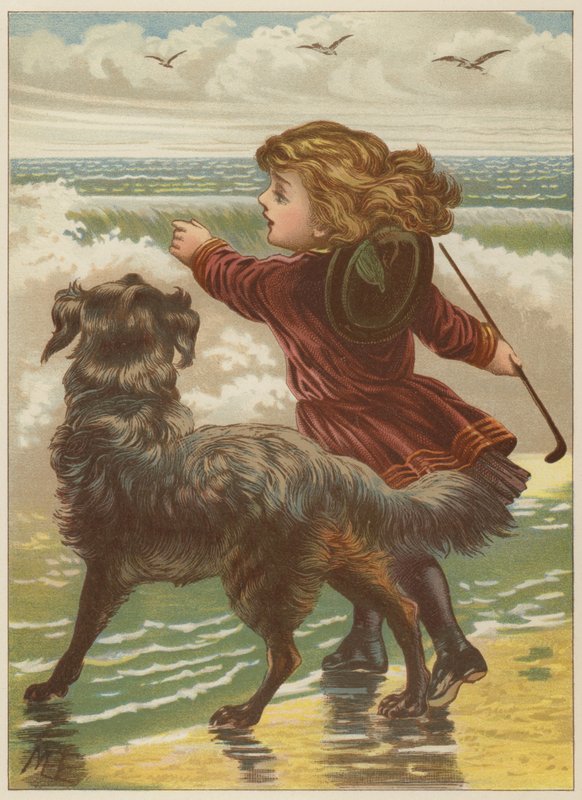Menina, com, cão, ligado, praia, (chromolitho) de Mary Ellen Edwards