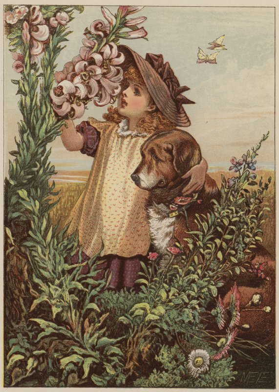 Menina, com, cão, cheirando, flores, (chromolitho) de Mary Ellen Edwards