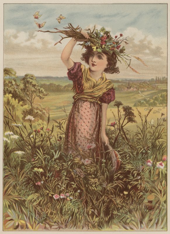 Menina, com, flores, e, borboletas, (chromolitho) de Mary Ellen Edwards