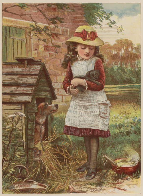 Menina, com, filhote cachorro, (chromolitho) de Mary Ellen Edwards