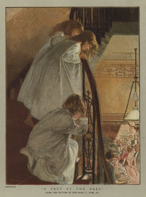 Uma espreitadela na bola (chromolitho) de Mary L. Gow
