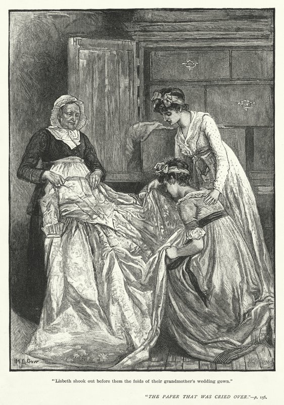 "Lisbeth sacudiu diante deles as dobras do vestido de noiva da avó" (gravura) de Mary L. Gow