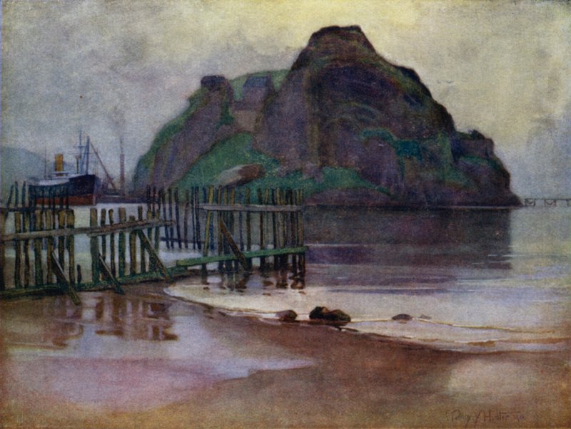 Maré Baixa ao Amanhecer, Dumbarton Rock (cor litho) de Mary Young Hunter