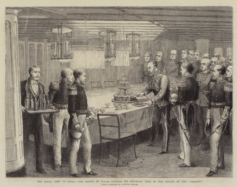 A Visita Real à Índia, o Príncipe de Gales, cortando seu Bolo de Aniversário no Salão dos Serapis de Matthew White Ridley