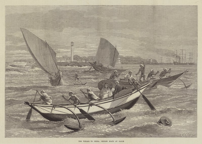 A viagem para a China, barcos de Ceilão em Galle de Matthew White Ridley