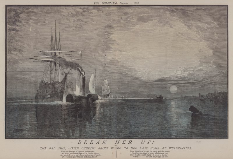 Quebrá-la! ou, O Mau Navio Igreja Irlandesa Sendo Rebocada para Sua Última Casa em Westminster (cor litho) de Matthew