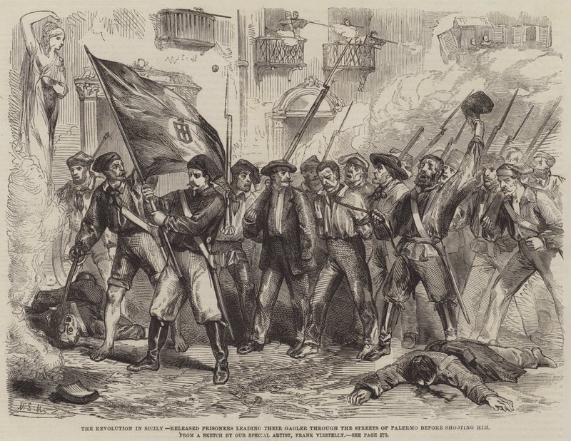 A Revolução na Sicília, libertados prisioneiros liderando seu Gaoler pelas ruas de Palermo antes de matá-lo de Matthew Somerville Morgan