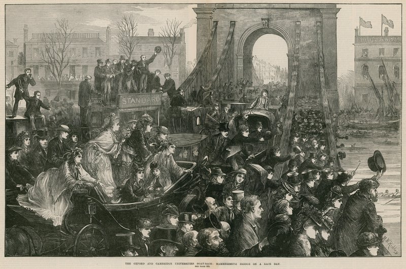 The Oxford and Cambridge Boat Race: Hammersmith Bridge on race day (gravura) de Matthew White Ridley