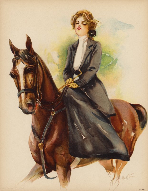 Retrato de uma mulher a montar um cavalo (cor litho) de Maud Stumm