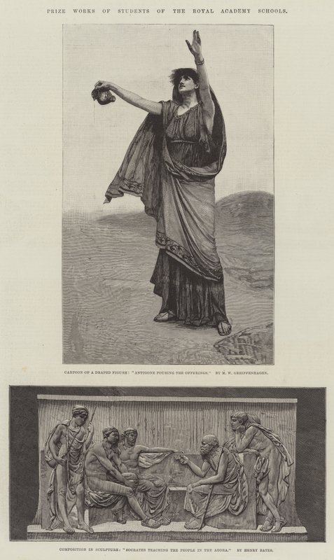 Obras premiadas de estudantes das Escolas da Royal Academy. Ilustração para The Illustrated London News, 5 de janeiro de 1884 de Maurice Greiffenhagen