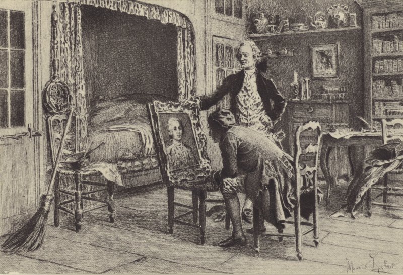 Jean-Jacques Rousseau olhando seu retrato de Maurice Leloir
