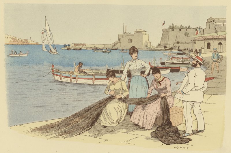 Um homem conversando com um grupo de mulheres remendando redes de pesca na cidade de Villefranche, França (cor litho) de Maurice Charles Mathieu Bonvoisin