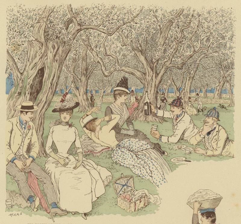Um piquenique sob as oliveiras em Beaulieu, no sul da França (cor litho) de Maurice Charles Mathieu Bonvoisin