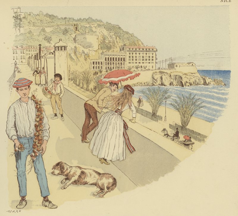 Um vendedor de cebolas com os seus produtos e pessoas a desfrutar do terraço que leva à montanha do Rauba-Capeu, Nice (cor litho) de Maurice Charles Mathieu Bonvoisin