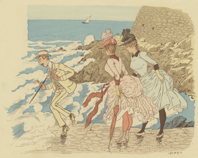 De pé no molhe de La Condamine em Monte Carlo; Mónaco. (cor litho) de Maurice Charles Mathieu Bonvoisin