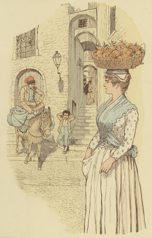 Vida de rua nos becos estreitos da antiga cidade de San Remo, Itália. (cor litho) de Maurice Charles Mathieu Bonvoisin