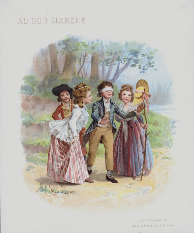 Esconder e procurar, trajes da época de Luís XVI (chromolitho) de Maurice Leloir