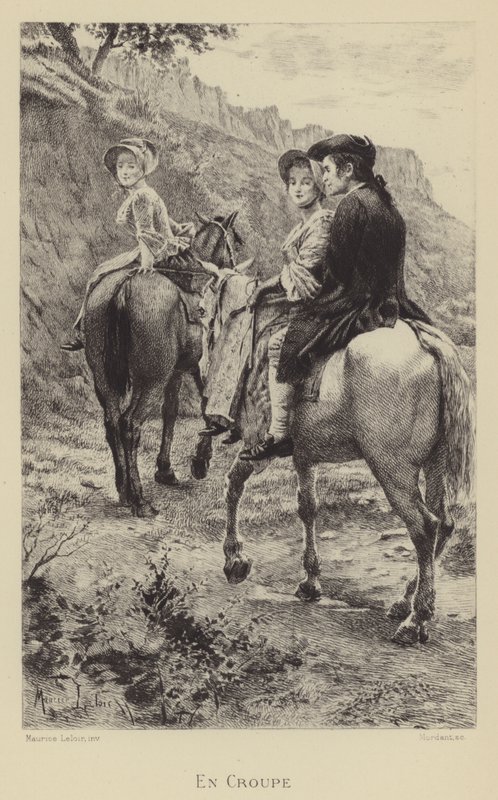 Jean-Jacques Rousseau e duas jovens mulheres que fazem uma viagem a cavalo (gravura) de Maurice Leloir