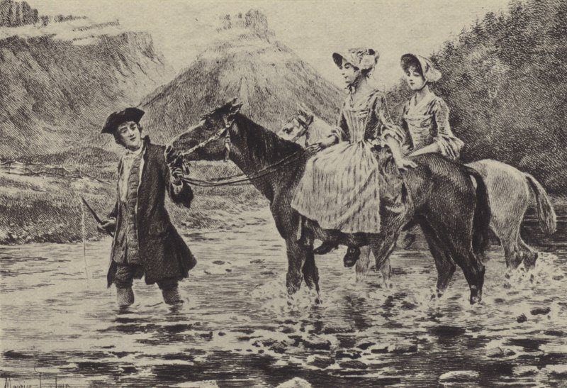 Jean-Jacques Rousseau ajudando duas jovens mulheres a atravessar um riacho (gravura) de Maurice Leloir
