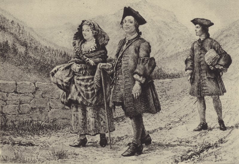 Jean-Jacques Rousseau na estrada com dois companheiros (gravura) de Maurice Leloir
