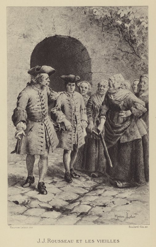Jean-Jacques Rousseau com as mulheres idosas (gravura) de Maurice Leloir