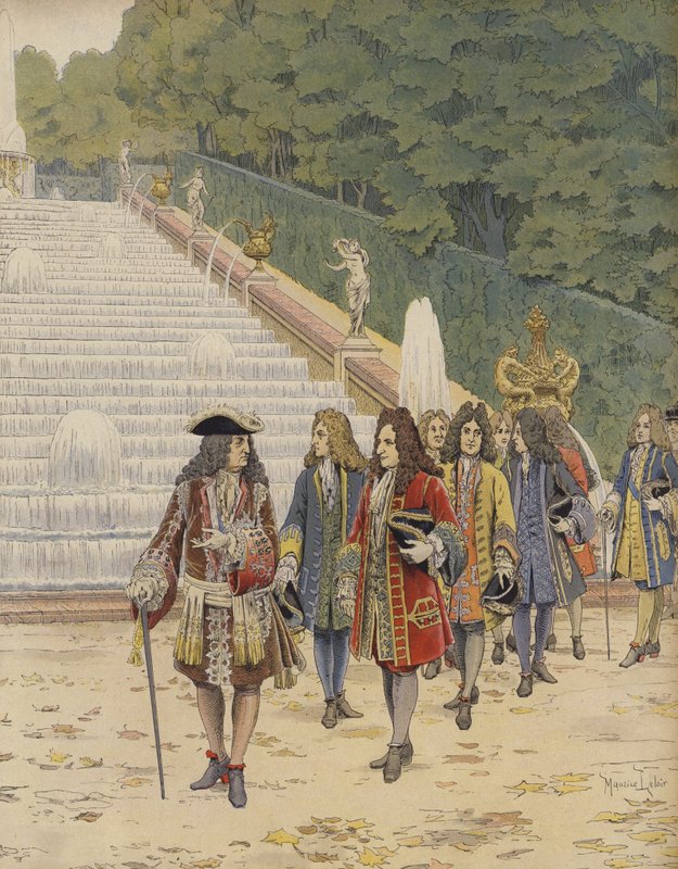 Rei Luís XIV e Samuel Bernard em Marly, visita aos jardins de Maurice Leloir