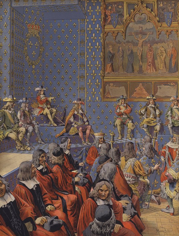 Rei Louis XIV sentado em botas no Parlamento de Maurice Leloir