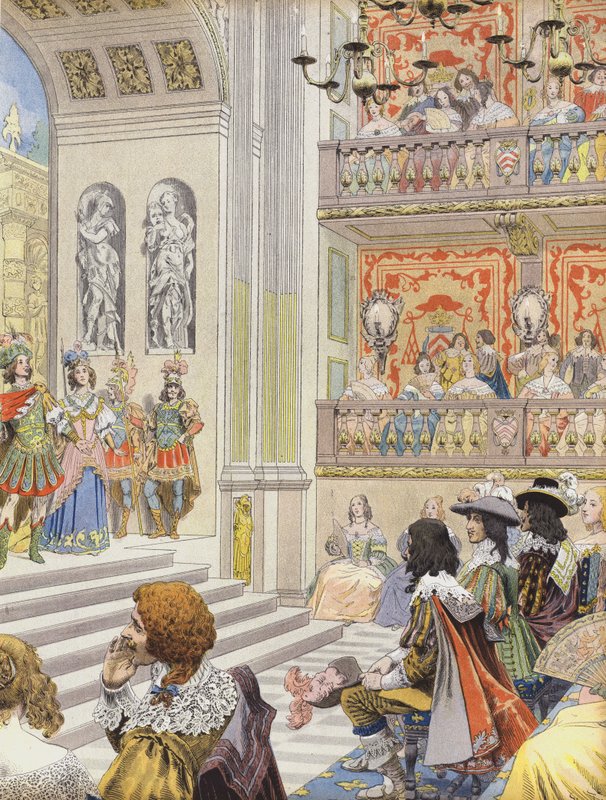 Performance no teatro do Palais Cardinal of Mirame, a peça escrita por Richelieu e Desmarets de Maurice Leloir
