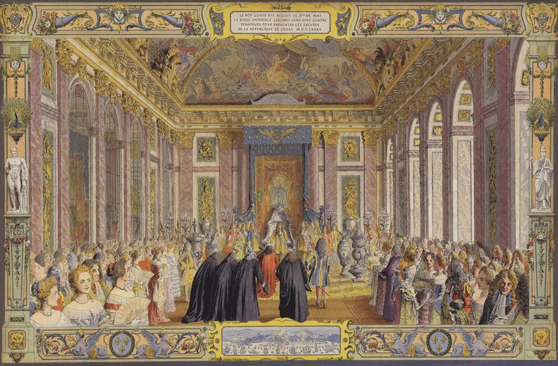 Recepção do Doge de Gênova, no Salão dos Espelhos, Versalhes de Maurice Leloir