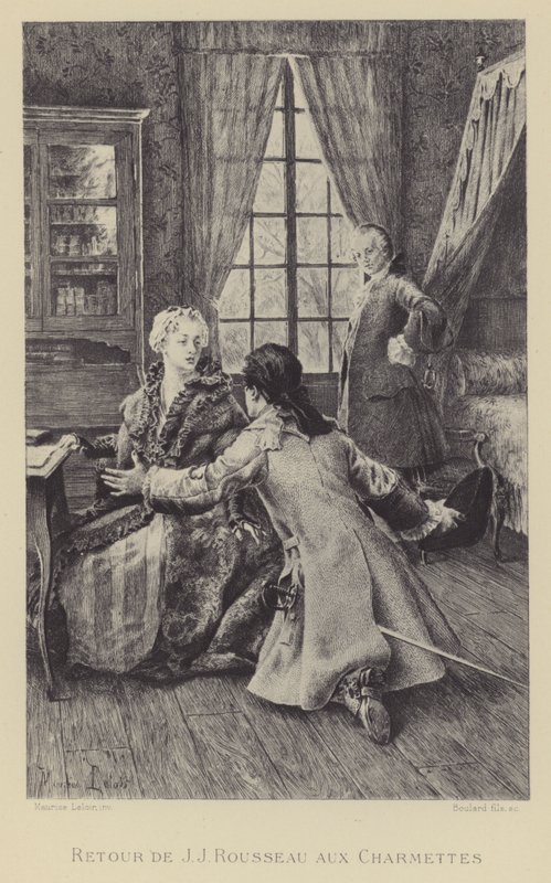 Regresso de Jean-Jacques Rousseau a Les Charmettes (gravura) de Maurice Leloir