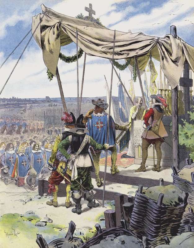 Richelieu celebra a missa no acampamento de La Rochelle de Maurice Leloir