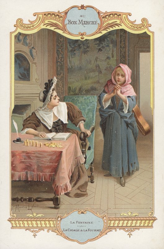 Cena de Jean de la Fontaines fábula A Cigarra e a Formiga (A Formiga e o Gafanhoto) (cromolitro) de Maurice Leloir