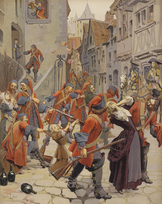 As Dragonnades expulsando uma família protestante de Maurice Leloir